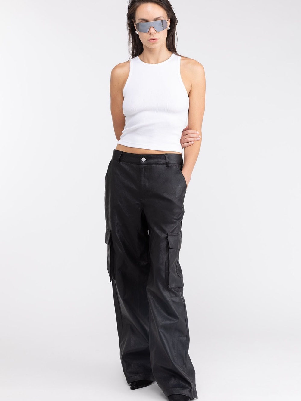 OAK + FORT 4 Vegan Leather Wide-Leg Cargo Pants High Rise Modern Mob Wife Punk